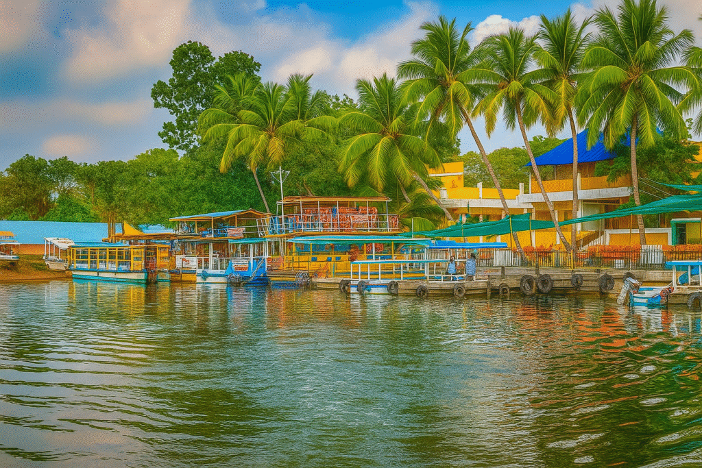 A scenic view of the Chunnambar Boat House in Pondicherry, showing boats docked in the calm waters with lush green palm trees and buildings in the background under a blue sky."