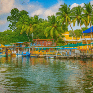 A scenic view of the Chunnambar Boat House in Pondicherry, showing boats docked in the calm waters with lush green palm trees and buildings in the background under a blue sky."