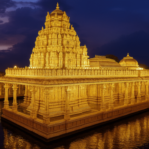 A golden-colored, intricately carved temple tower (Gopuram) stands tall against a dark blue sky, likely at night, with its reflection visible on a polished surface below, possibly water or a reflective floor.