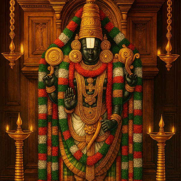showing a prominent image of the deity Lord Venkateswara from the Tirumala Venkateswara Temple.