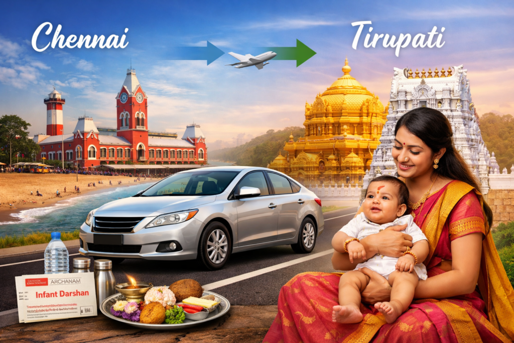 20260113_1607_Image Generation_simple_compose_01kevewzk3f1v8678444715fjr Chennai to Tirupati Infant Darshan Package by Car