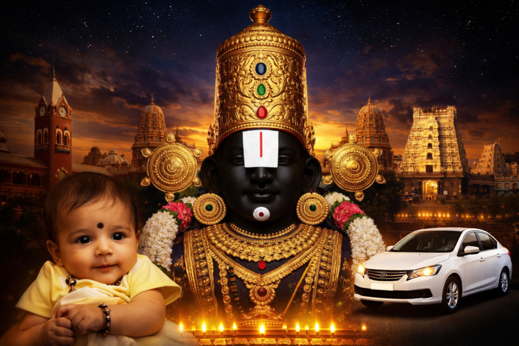 20260113_1614_Image Generation_remix_01kevf897teb5syw65skmwmgc3 Chennai to Tirupati Infant Darshan Package by Car