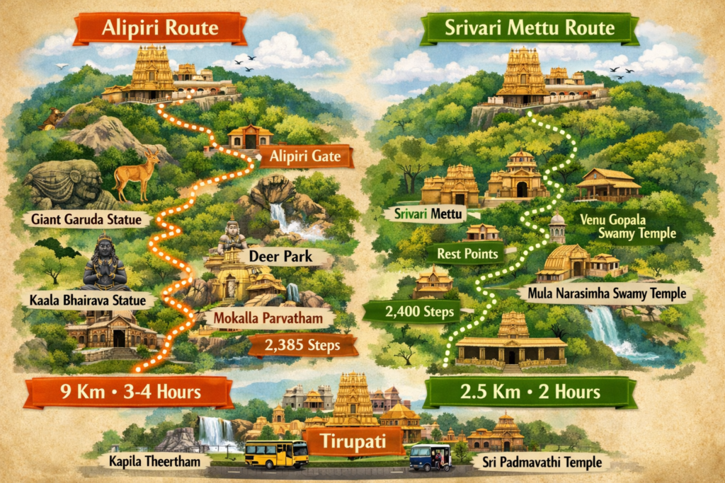 walking routes for Tirupati to Tirumala